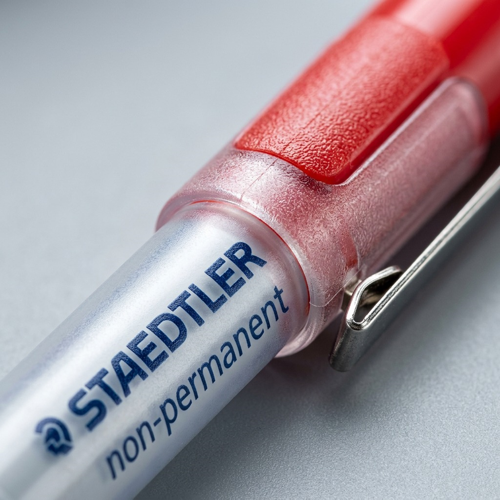 A detailed macro photograph showing the metal clip, textured cap, and barrel graphics of the STAEDTLER non-permanent marker. The STAEDTLER logo and 'non-permanent' text are sharp and clear.