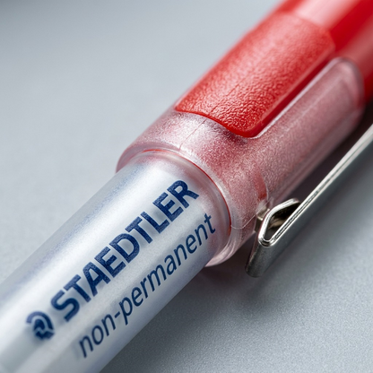 A detailed macro photograph showing the metal clip, textured cap, and barrel graphics of the STAEDTLER non-permanent marker. The STAEDTLER logo and 'non-permanent' text are sharp and clear.
