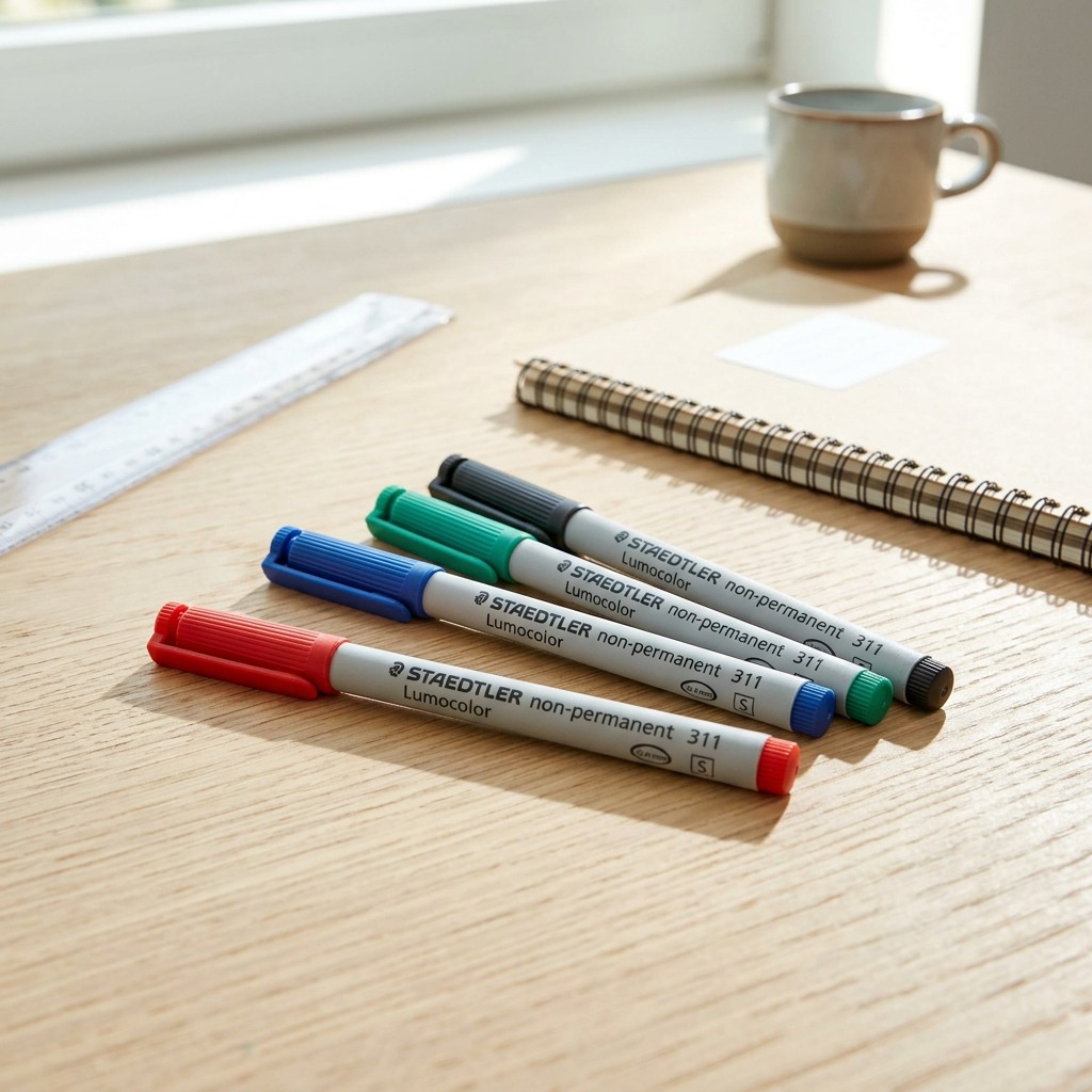A realistic photo of loose red, blue, green, and black STAEDTLER Lumocolor non-permanent fineliners resting on a wooden desk.