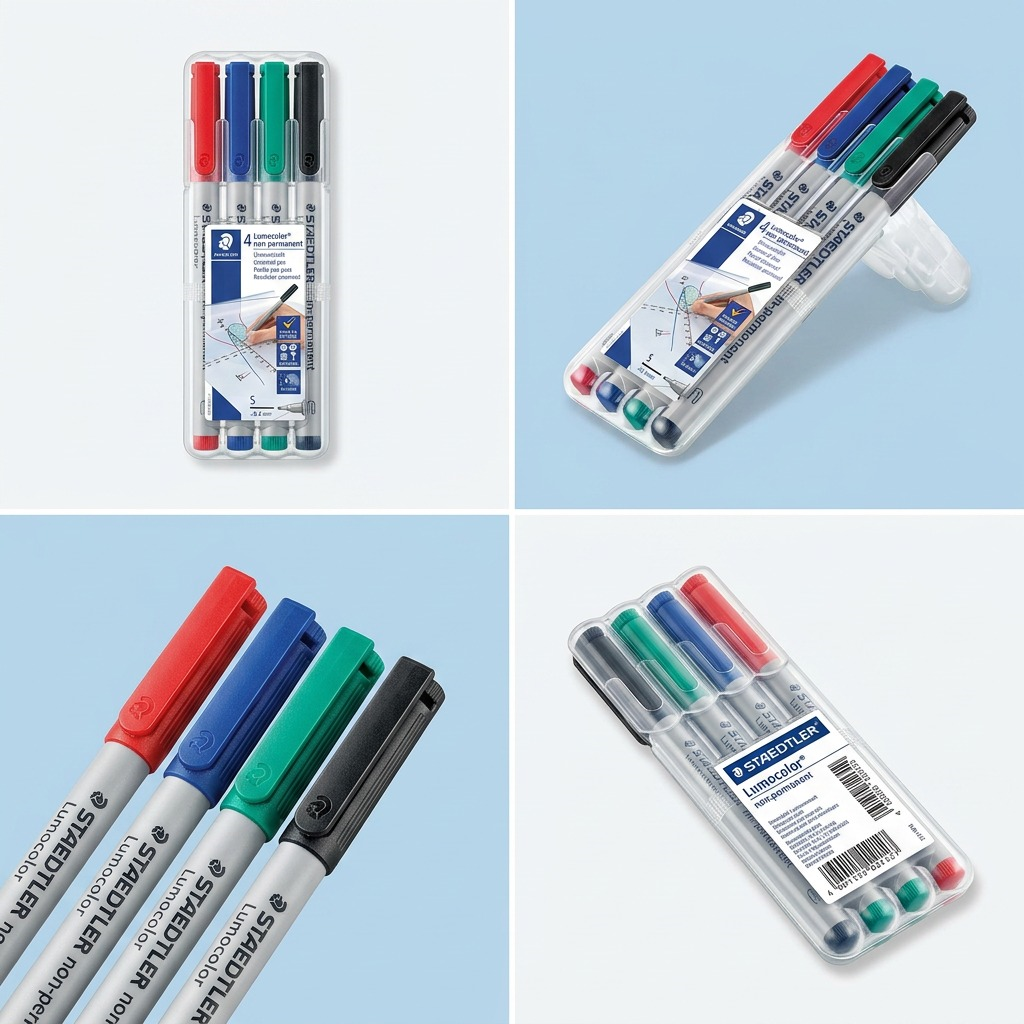 Visual matrix displaying four sets of the STAEDTLER Lumocolor non-permanent fineliner 311-WP4 pen pack from complementary overhead, angled front, detailed cap, and pack rear viewpoints on soft blue and white backgrounds.