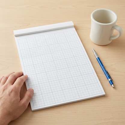 A scale-reference image showing the STAEDTLER graph paper pad next to a standard mechanical pencil and a coffee mug.