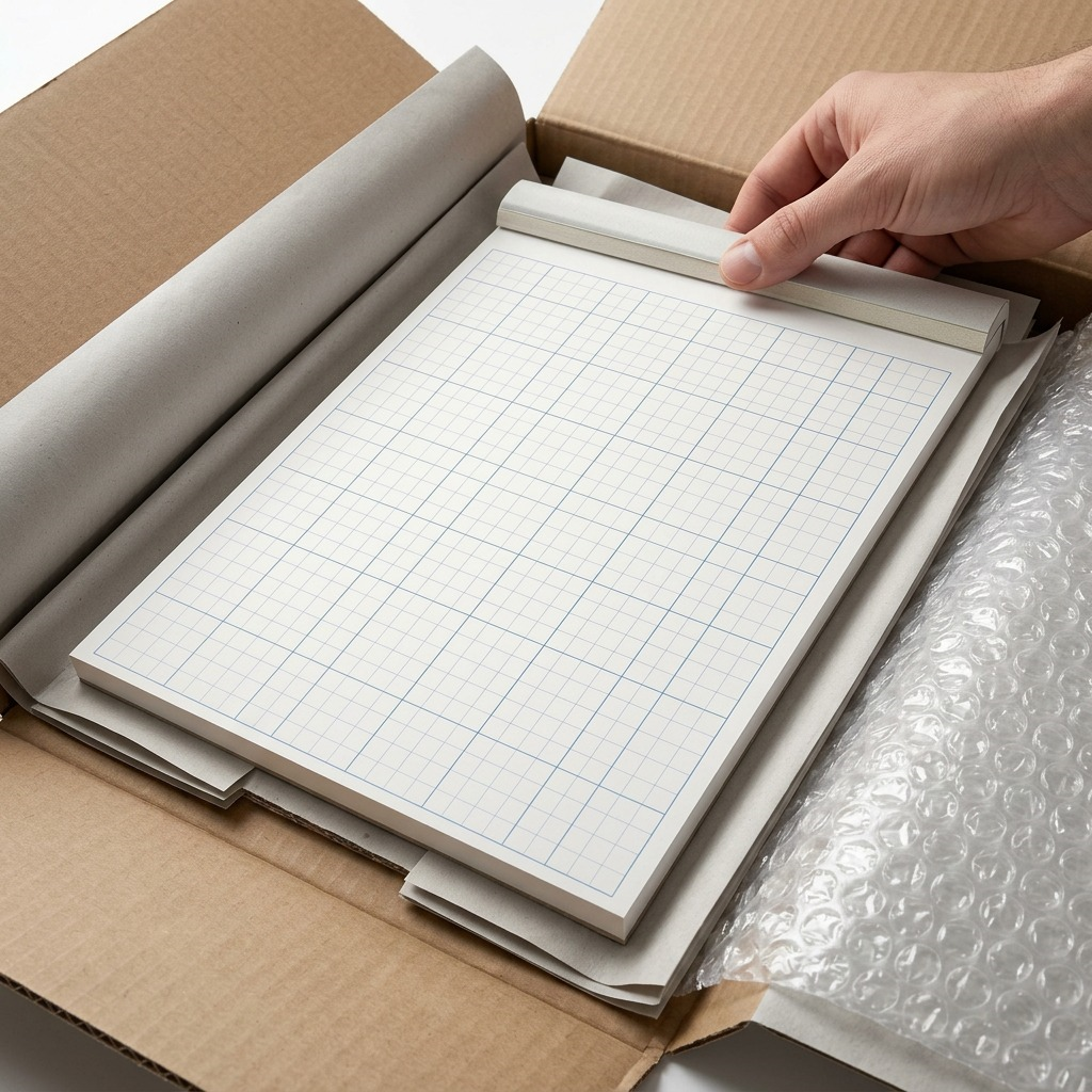 Premium home unboxing: STAEDTLER grid paper pad is found perfectly intact within a protective box.