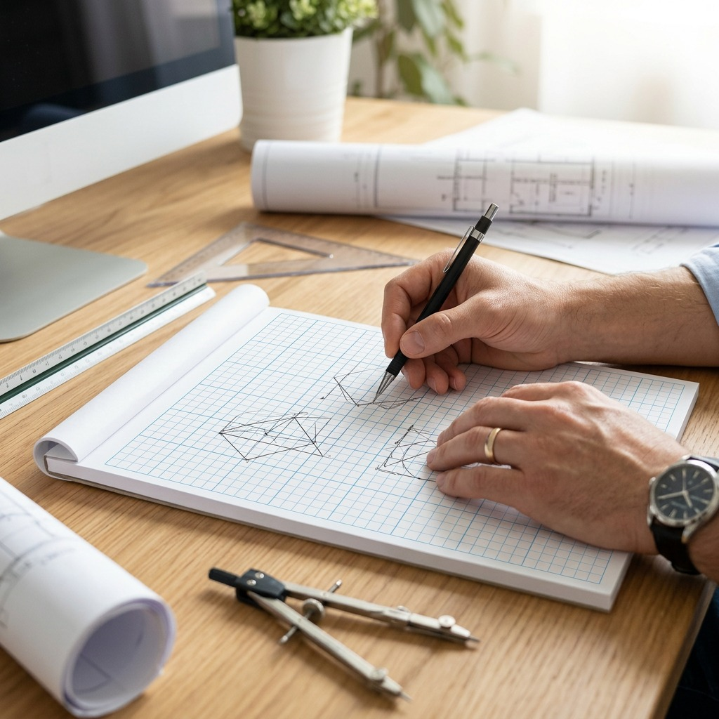 A top-down view of the Staedtler graph pad on a wooden desk with a pencil resting on it.