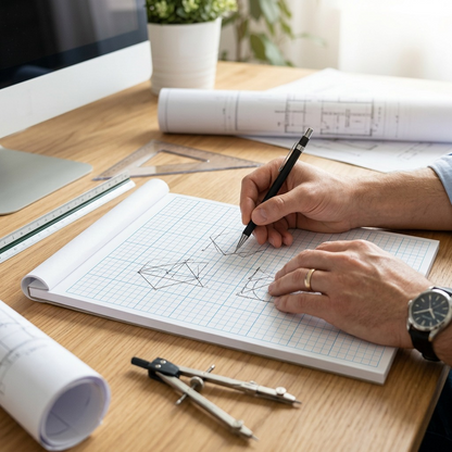 A top-down view of the Staedtler graph pad on a wooden desk with a pencil resting on it.