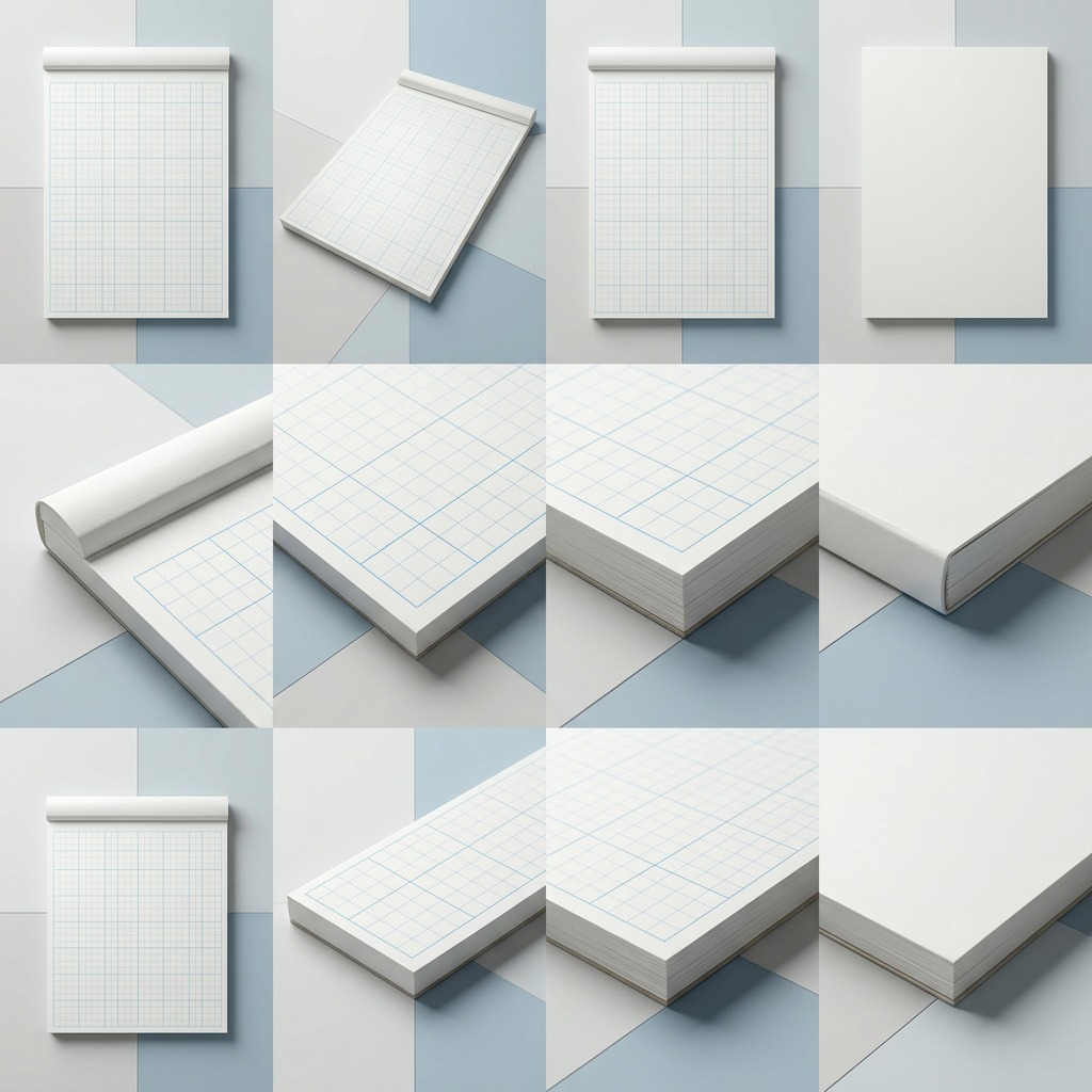 A visual comparison matrix showcaasing the 937-811P4-02 notepad from various angles on a geometric grid background.