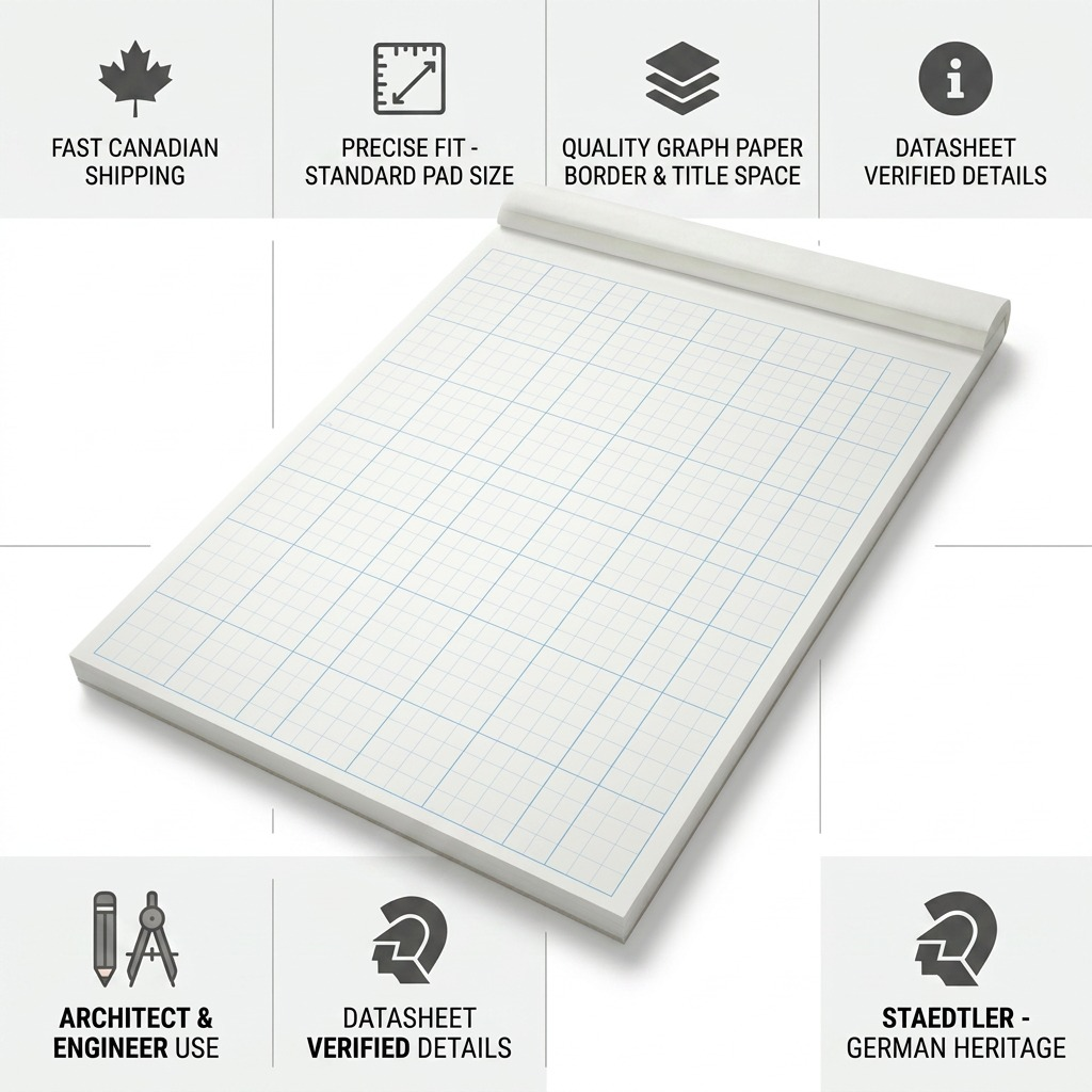 An infographic detailing the features of a Staedtler graph paper pad, highlighting fast Canadian shipping and verified details.