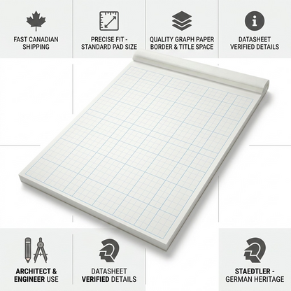 An infographic detailing the features of a Staedtler graph paper pad, highlighting fast Canadian shipping and verified details.