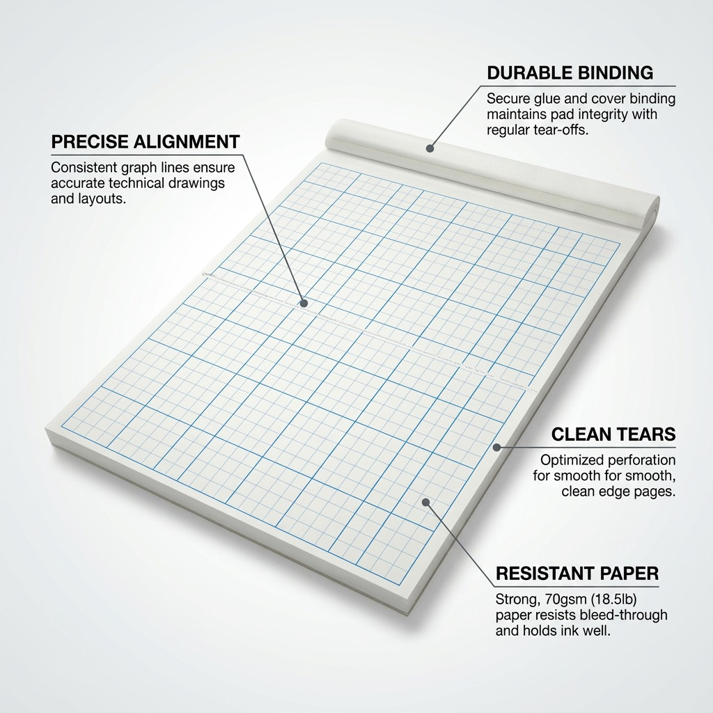 A STAEDTLER graph paper pad graphic with concise feature callouts.