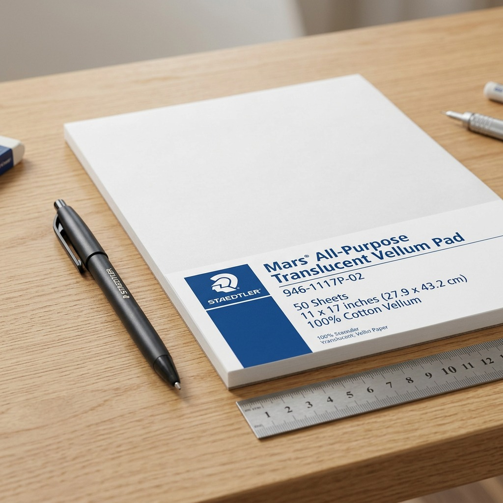 Translucent vellum pad shown on wooden desk with common stationary for visual size reference.