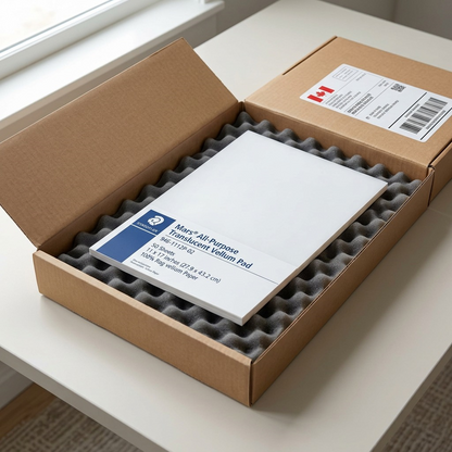 Premium unboxing view: STAEDTLER vellum pad securely nested in a protective shipping box with clean padding.