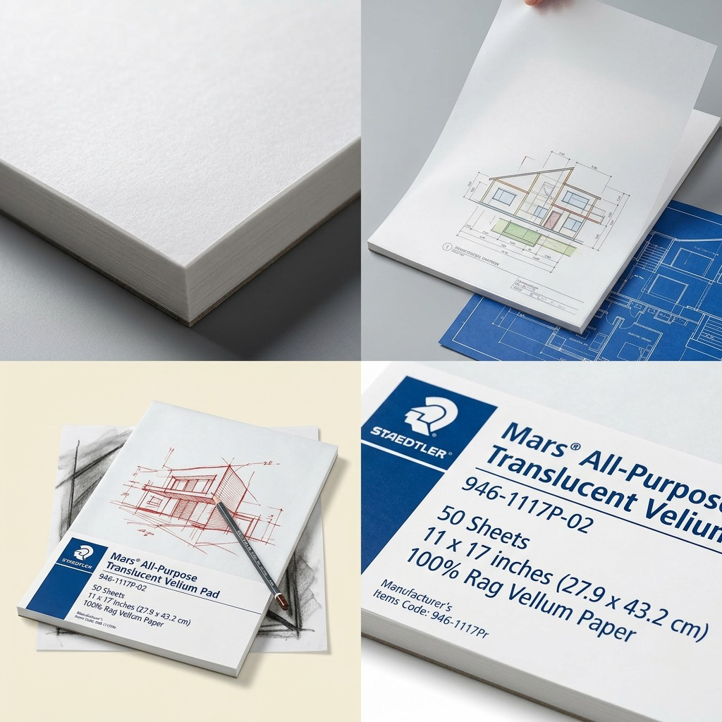 Four-panel grid of a vellum pad showing its texture, translucency, artwork cover, and technical details.