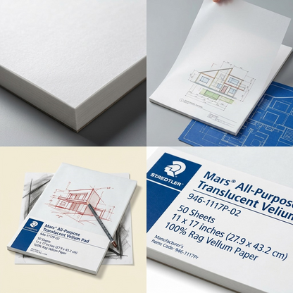 Four-panel grid of a vellum pad showing its texture, translucency, artwork cover, and technical details.