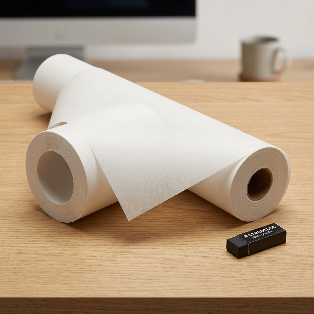 A vellum paper roll next to a Staedtler eraser, showing scale.