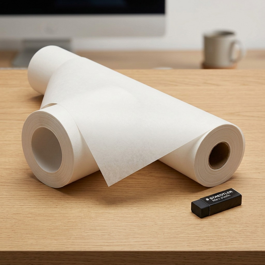 A vellum paper roll next to a Staedtler eraser, showing scale.