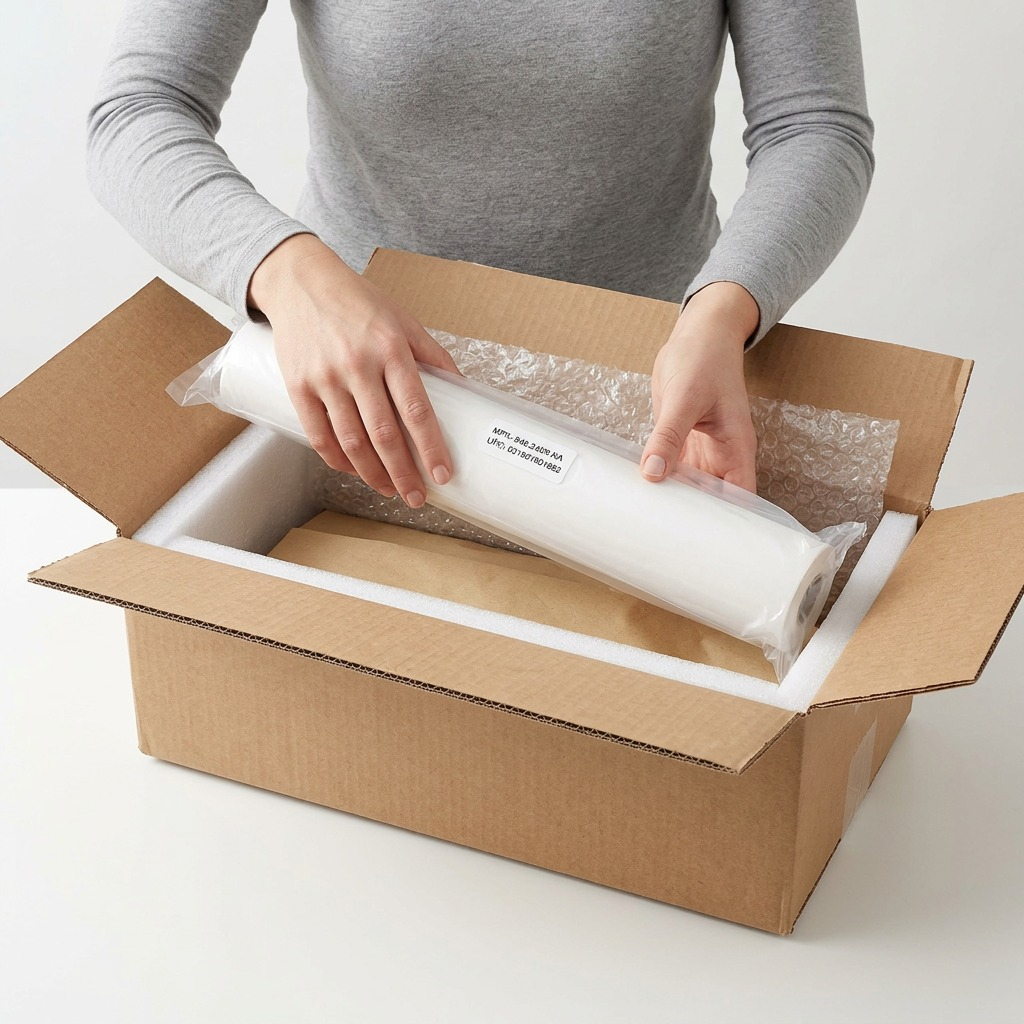 Packaging experience for a vellum roll: protective box with foam and bubble wrap.