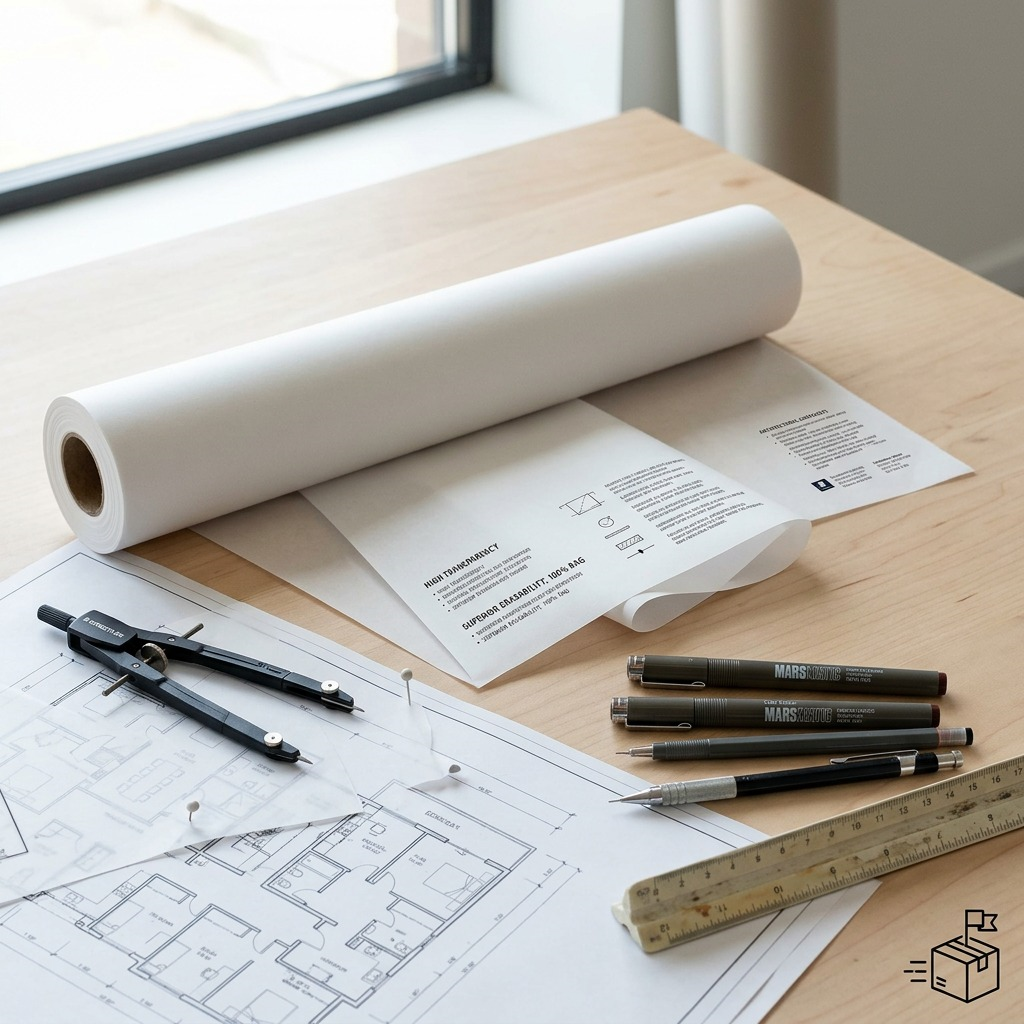 Lifestyle photo shows the STAEDTLER Vellum roll being unrolled on a large architectural drawing board for sketching a building design.