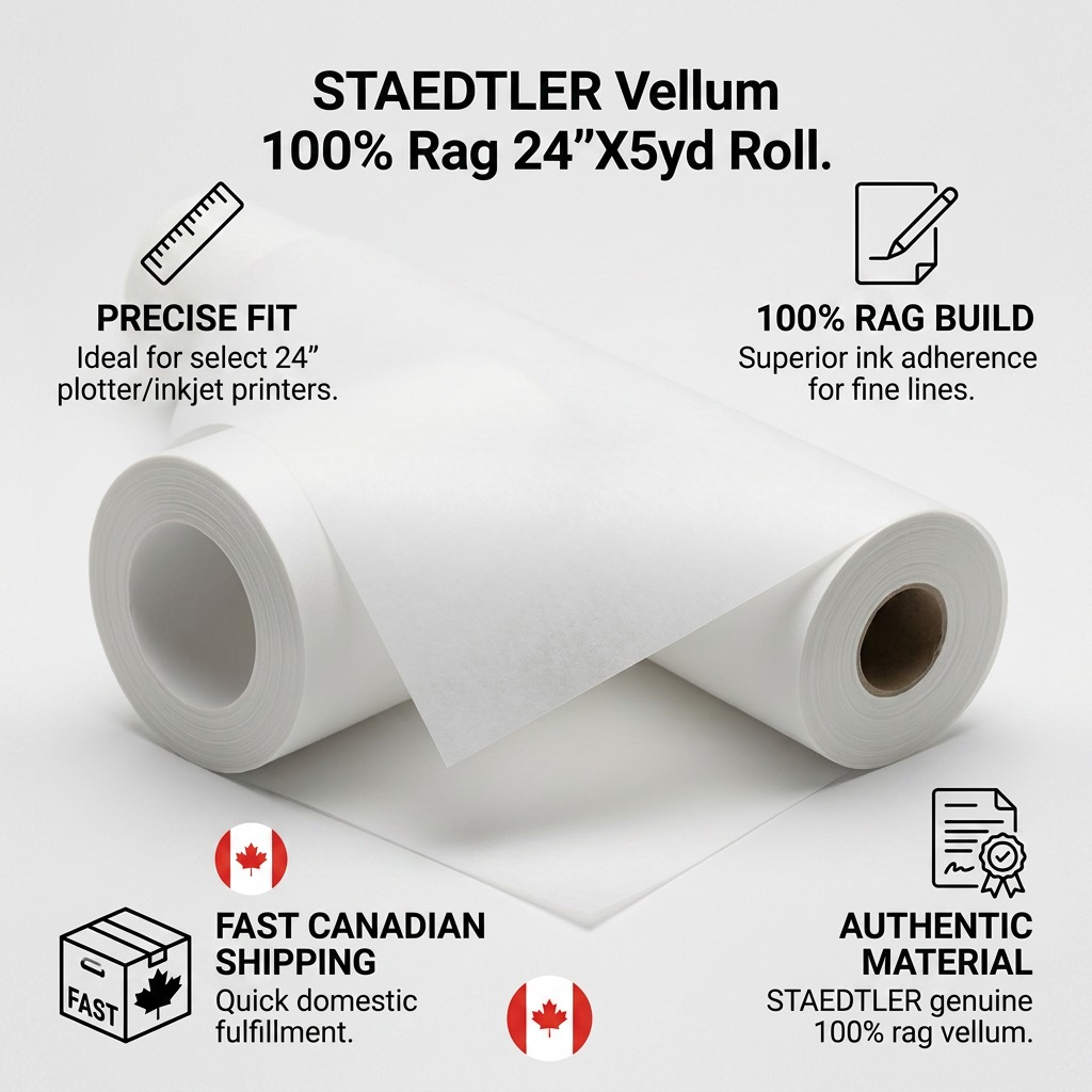 A STAEDTLER vellum roll datasheet infographic highlighting 100% rag build and fast Canadian shipping.
