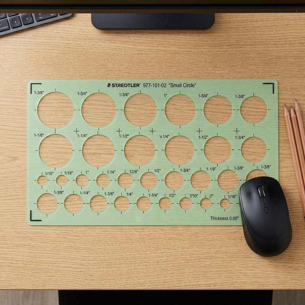 A scale reference image showing the light green circular template on a desk next to a computer mouse and pencil for size comparison.