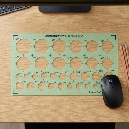 A scale reference image showing the light green circular template on a desk next to a computer mouse and pencil for size comparison.