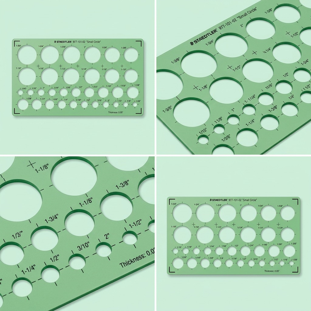 A four-panel ecommerce matrix showing the green STAEDTLER small circle template from two additional clean angles, plus close-ups of the small and large circle ranges.