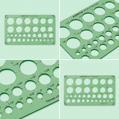 A four-panel ecommerce matrix showing the green STAEDTLER small circle template from two additional clean angles, plus close-ups of the small and large circle ranges.