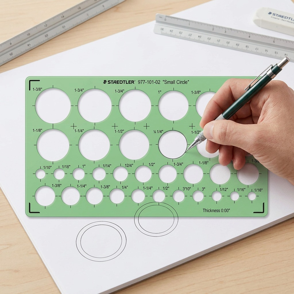 A close-up photograph in a brightly lit studio shows a green STAEDTLER circle template being used with a mechanical pencil on white paper.
