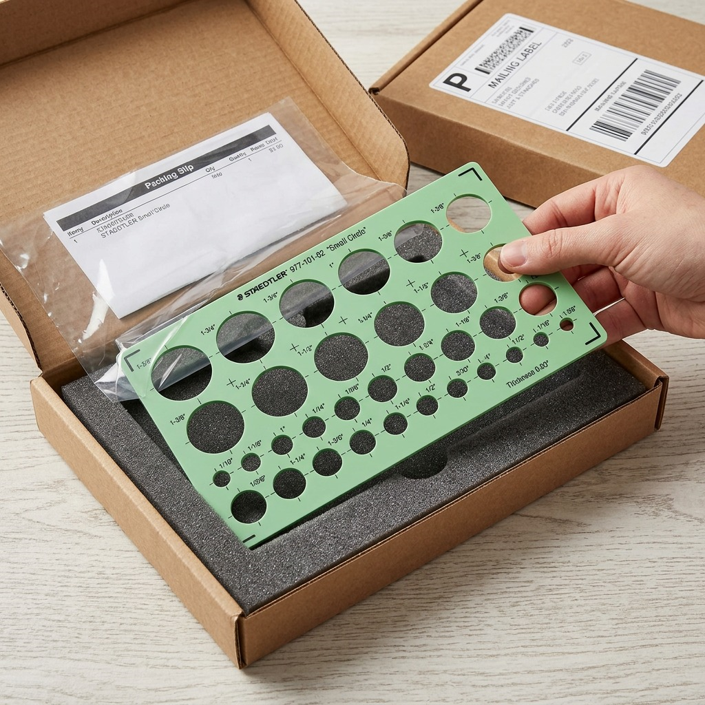 Secure unboxing of the STAEDTLER circle template from a protective shipping box with foam.