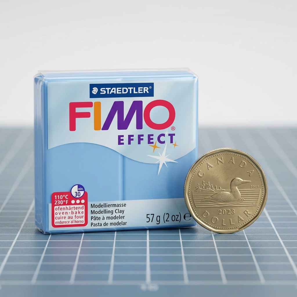 A close-up shot of a FIMO Effect block next to a Canadian Loonie coin on a work mat.