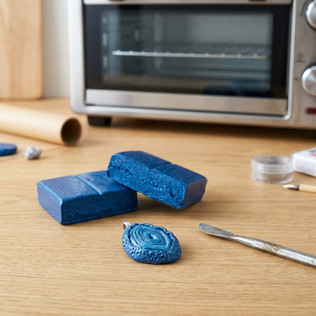 A close-up shot of a small, sculpted blue agate FIMO Effect keychain with shimmer on a wooden table.