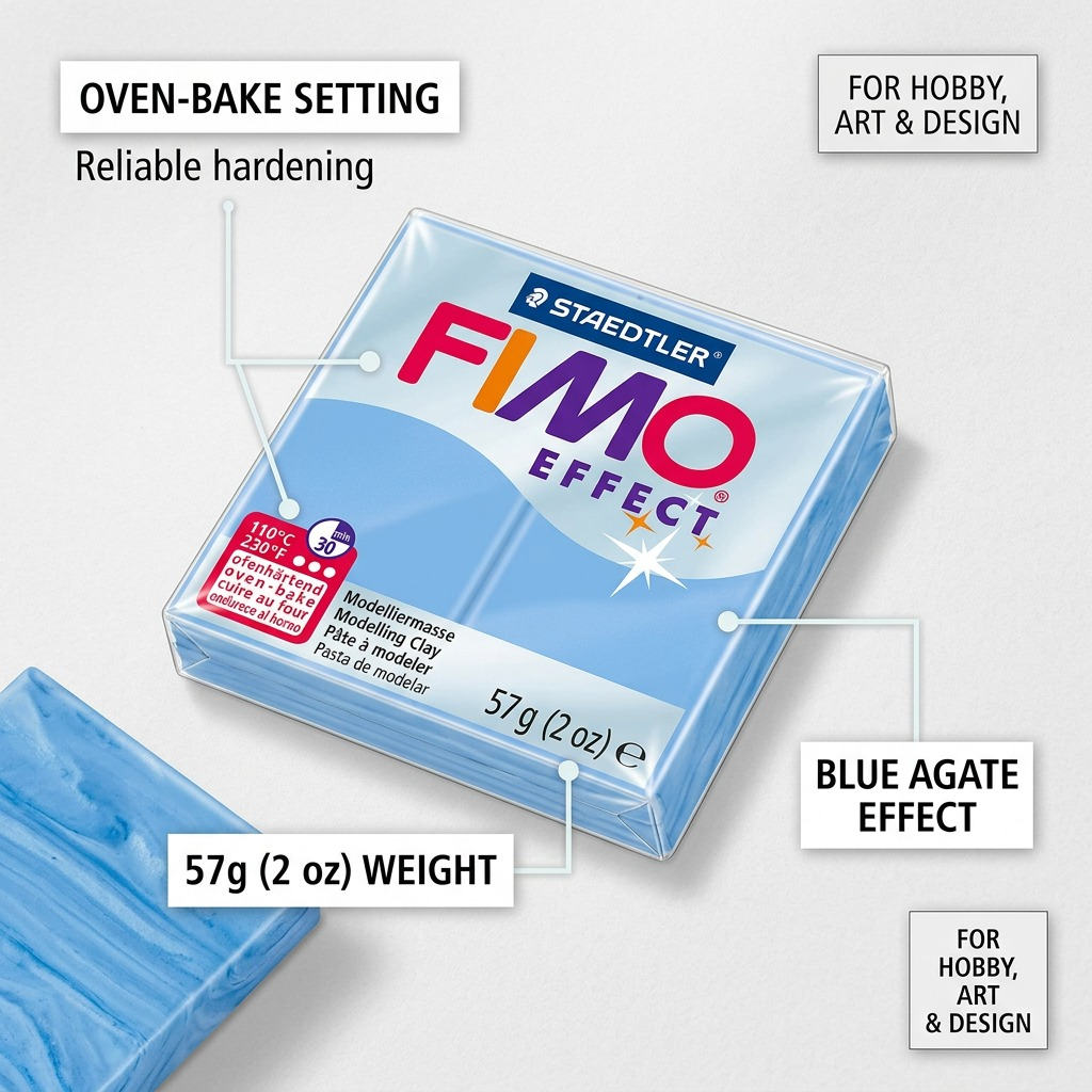 Operational feature callouts for STAEDTLER FIMO Effect Blue Agate clay, showing weight and oven settings.