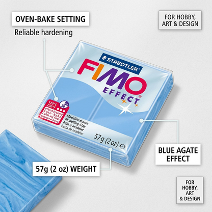 Operational feature callouts for STAEDTLER FIMO Effect Blue Agate clay, showing weight and oven settings.