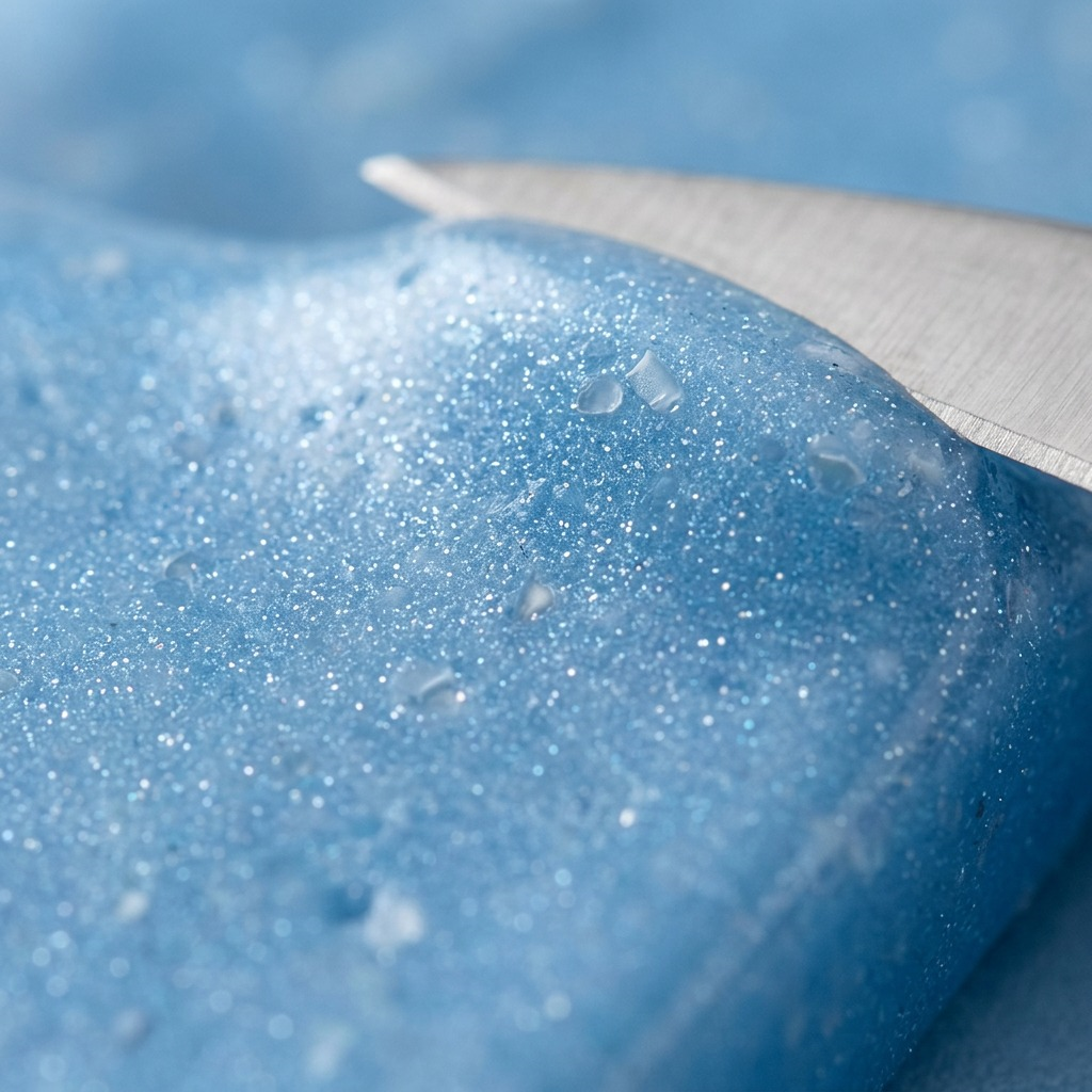 A detailed macro photo focusing on the subtle glitter and transparent finish of Fimo Effect blue agate clay.