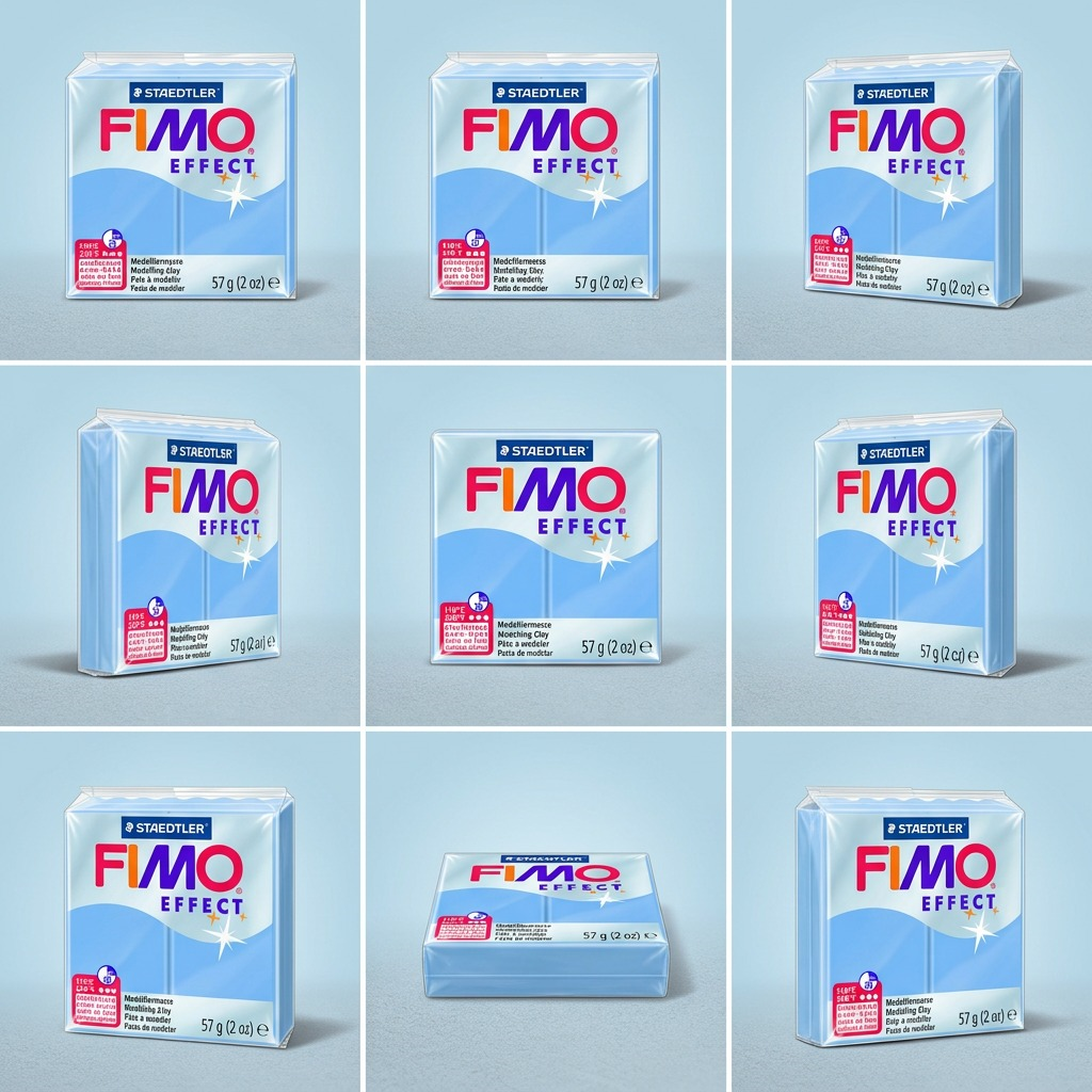 An e-commerce variant matrix displaying nine identical packages of Staedtler Fimo Effect Blue Agate clay from different angles against a clean background.
