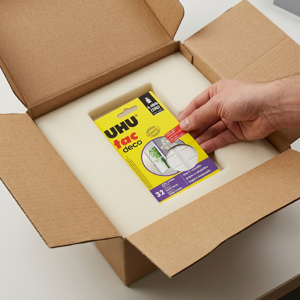 Alt Text: A premium unboxing scene shows a protected UHU Tac Deco product 32-pack nestled in custom shipping foam.