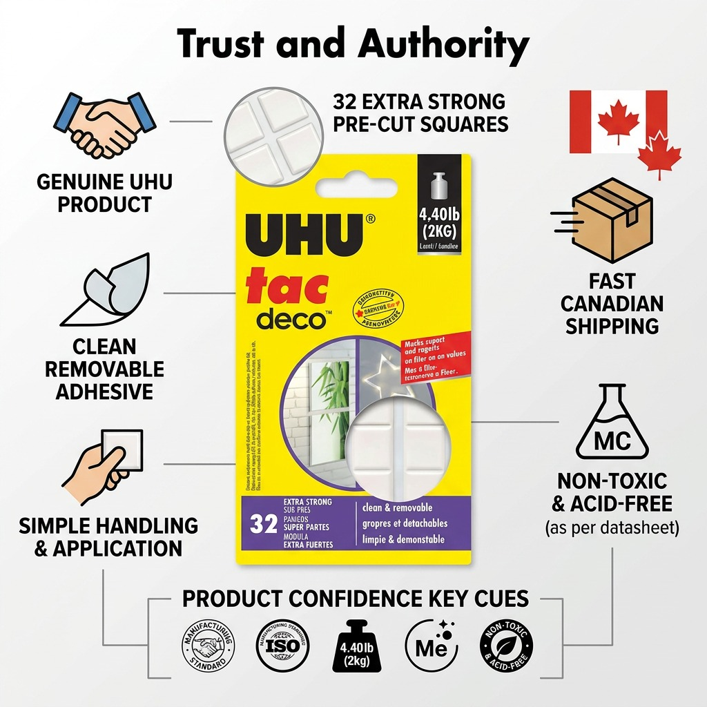 Trust and Authority infographic for UHU Tac Deco 32 PK, with product features, fast shipping, and safety cues.