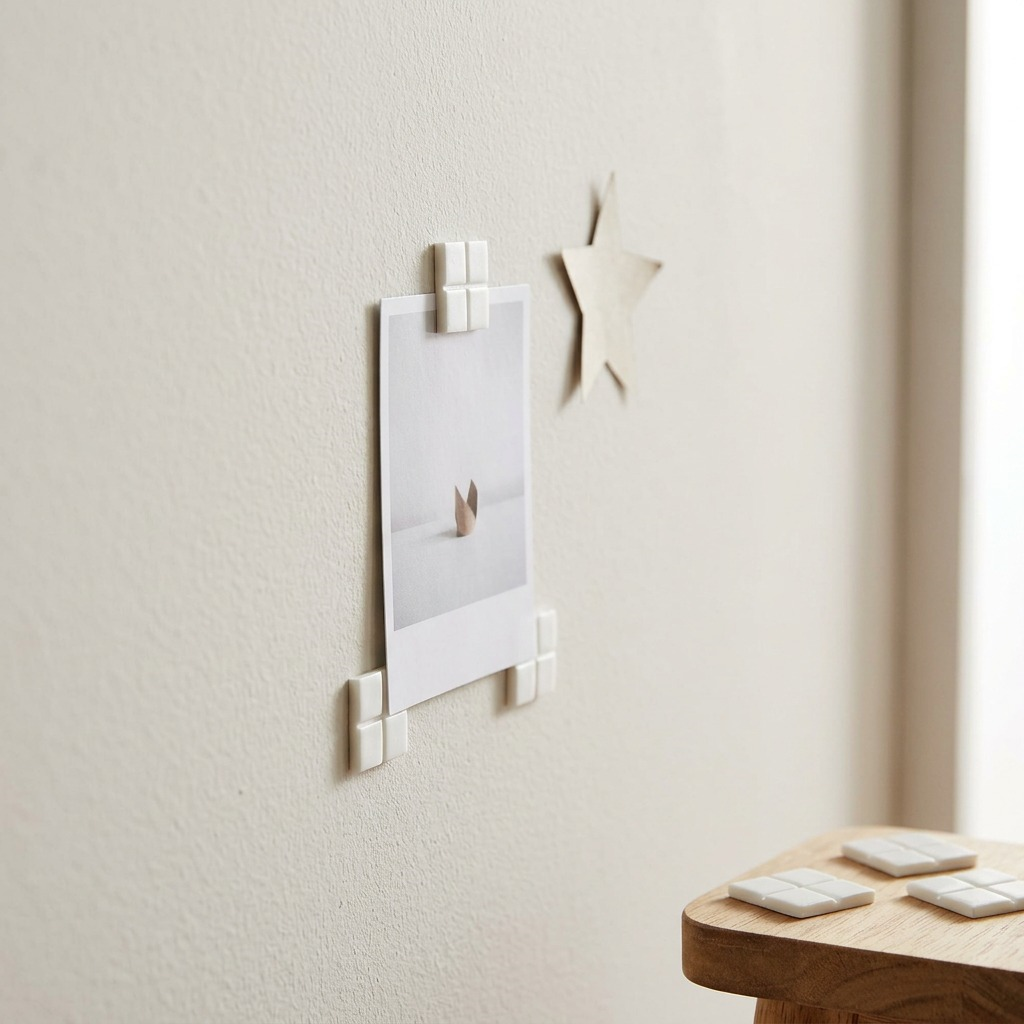 A close-up photograph of discrete, small white square adhesive pads from the UHU tac deco pack holding a printed photo to a minimalist plaster wall. The lighting is soft and natural.