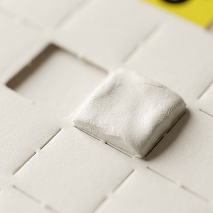 An extreme close-up photograph showcasing the texture and perforation line of a UHU PATAFIX DECO adhesive square from the provided canonical package.