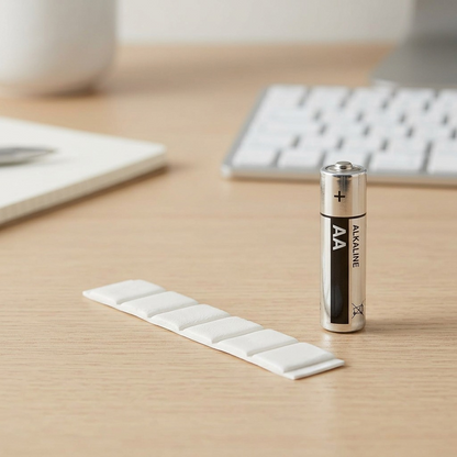 An eye-level product shot of the UHU tac deco adhesive putty strip from image_0.png, sans packaging, resting on an office desk beside a standard AA battery for accurate size comparison.