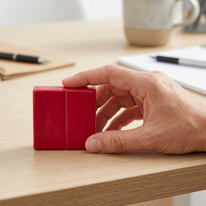 A scale reference image showing a block of STAEDTLER Fimo Soft Cherry Red modelling clay beside an adult hand.
