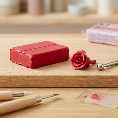 A close-up image showing a partially sculpted cherry red Fimo soft modeling clay rose with the block nearby.