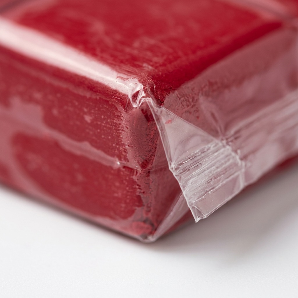 Extreme macro photo showing the rich cherry red color of Fimo Soft clay through the texture of its plastic wrap.