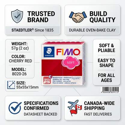 Infographic for STAEDTLER FIMO Soft clay, detailing trust, specifications, and fast Canadian shipping.