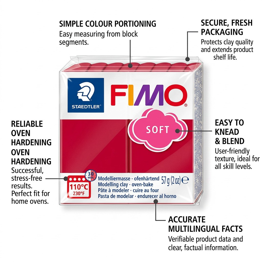Feature infographic for STAEDTLER Fimo Soft clay, highlighting key product benefits with pointer lines on a clean background.