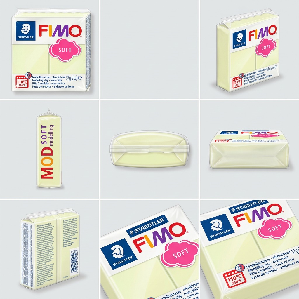 A 3x3 ecommerce grid showing multiple 57g Fimo Soft vanilla bricks from different angles: front, side, back, top, bottom, and three quarter views.