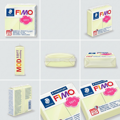 A 3x3 ecommerce grid showing multiple 57g Fimo Soft vanilla bricks from different angles: front, side, back, top, bottom, and three quarter views.