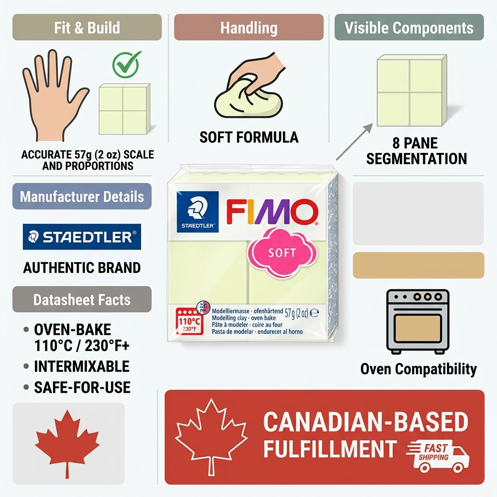 Trust and authority infographic for STAEDTLER FIMO Soft Vanilla clay with product features and fast Canadian shipping indicators.