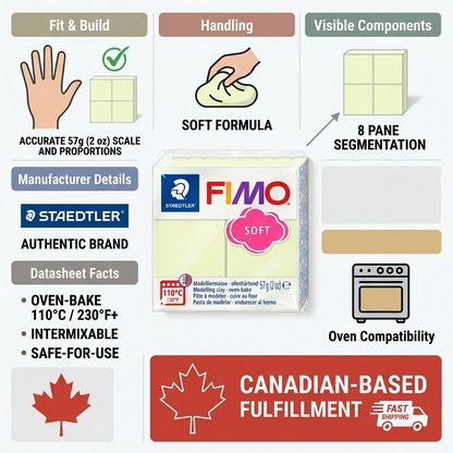 Trust and authority infographic for STAEDTLER FIMO Soft Vanilla clay with product features and fast Canadian shipping indicators.