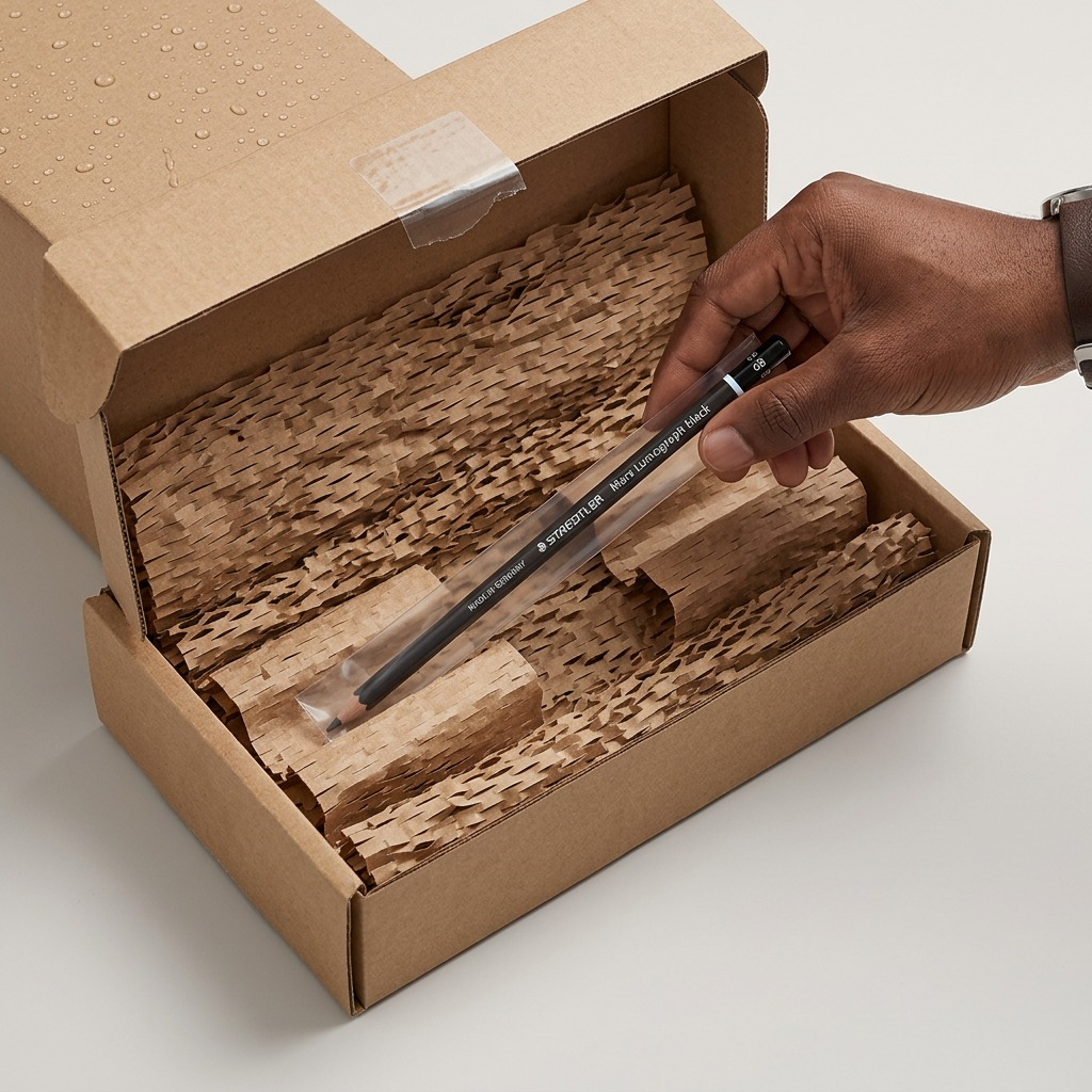 Premium, protected unboxing: a STAEDTLER Mars Lumograph black 6B pencil cushioned inside a sturdy Shipping Box with paper packing and clear overwrap.