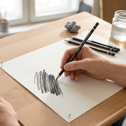 STAEDTLER Mars Lumograph Black 6B pencil creating expressive marks on textured drawing paper in a artist studio.