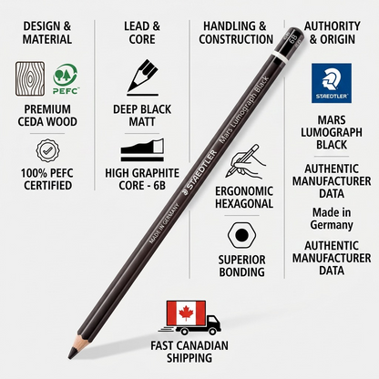 A STAEDTLER Mars Lumograph Black 6B pencil infographic with fact icons and fast Canadian shipping info protectively arranged column-wise.